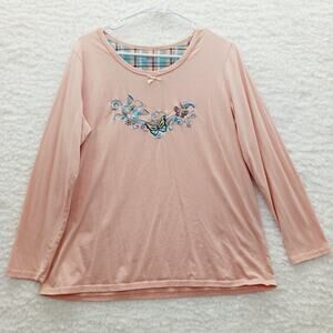 T-Shirt Sleepshirt Size L Peach Embroidery Butterfly Cottagecore Whimsycore Y2K